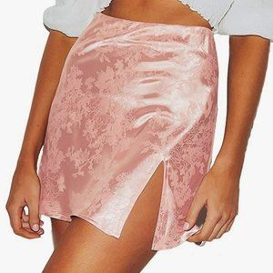 Princess Polly Pink Satin Floral Mini Skirt Side Slit Size 4